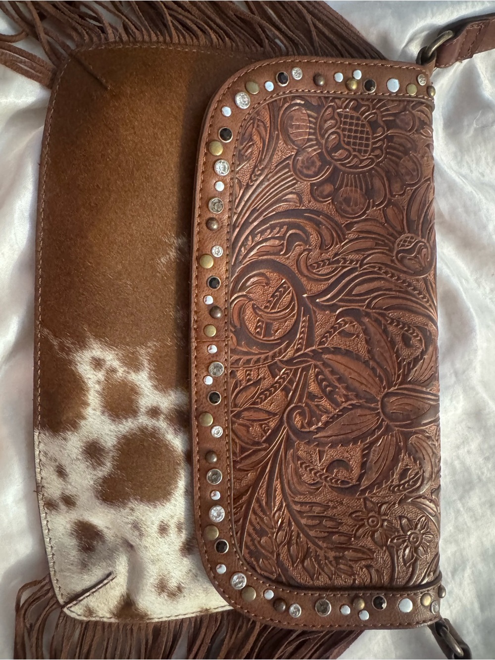 Tooled Leather & Cowhide Fringe Crossbody Bag - Brown